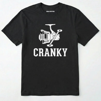 Black t-shirt with white fishing reel graphic and 'cranky' text on a white background