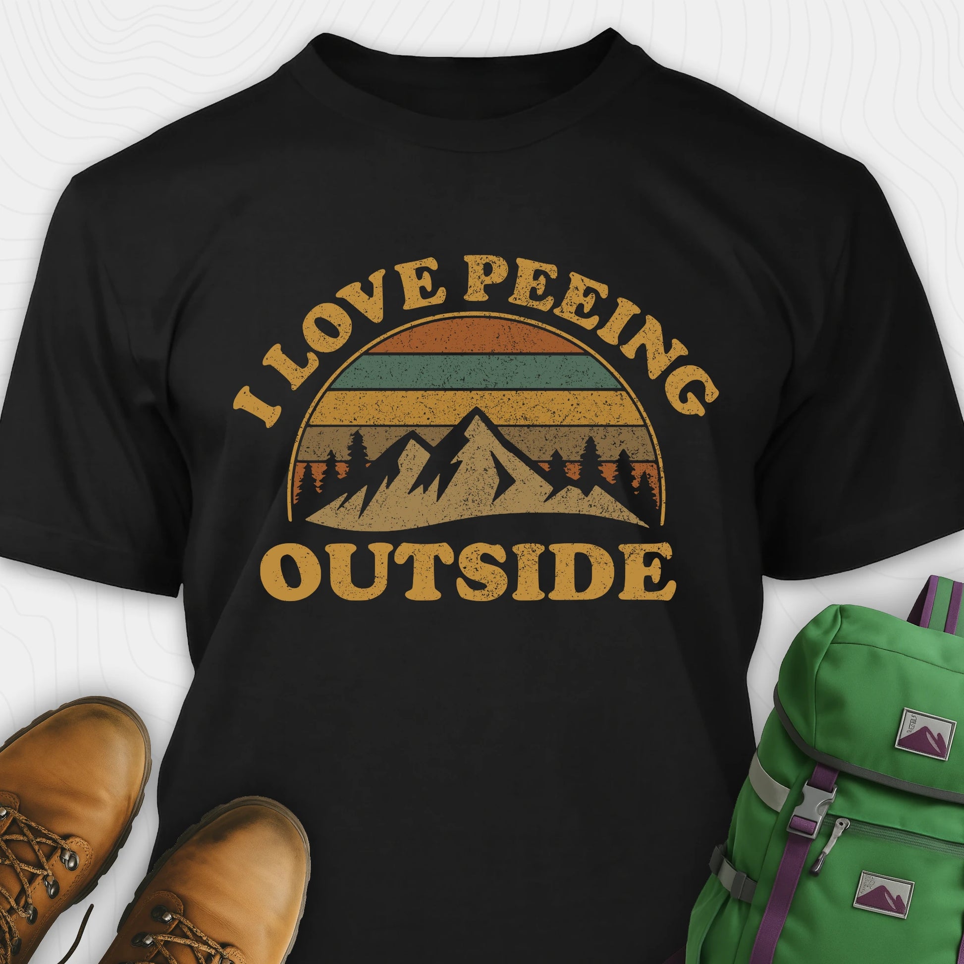 Black I pee outside shirt with retro mountain graphic