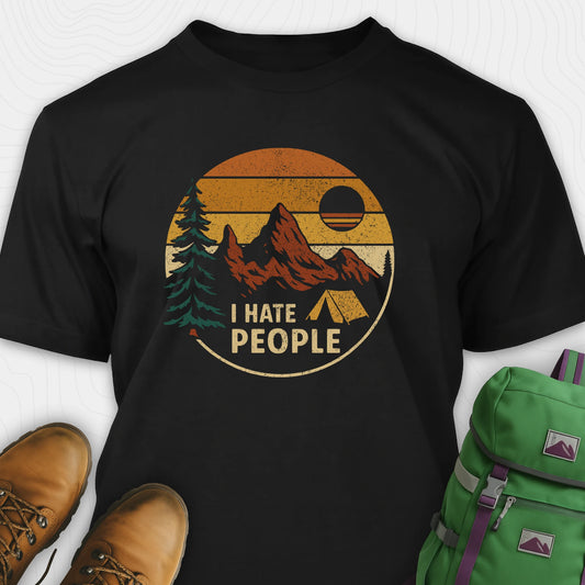 Black I hate people tee with vintage mountains, sunset, pine tree and tent graphic