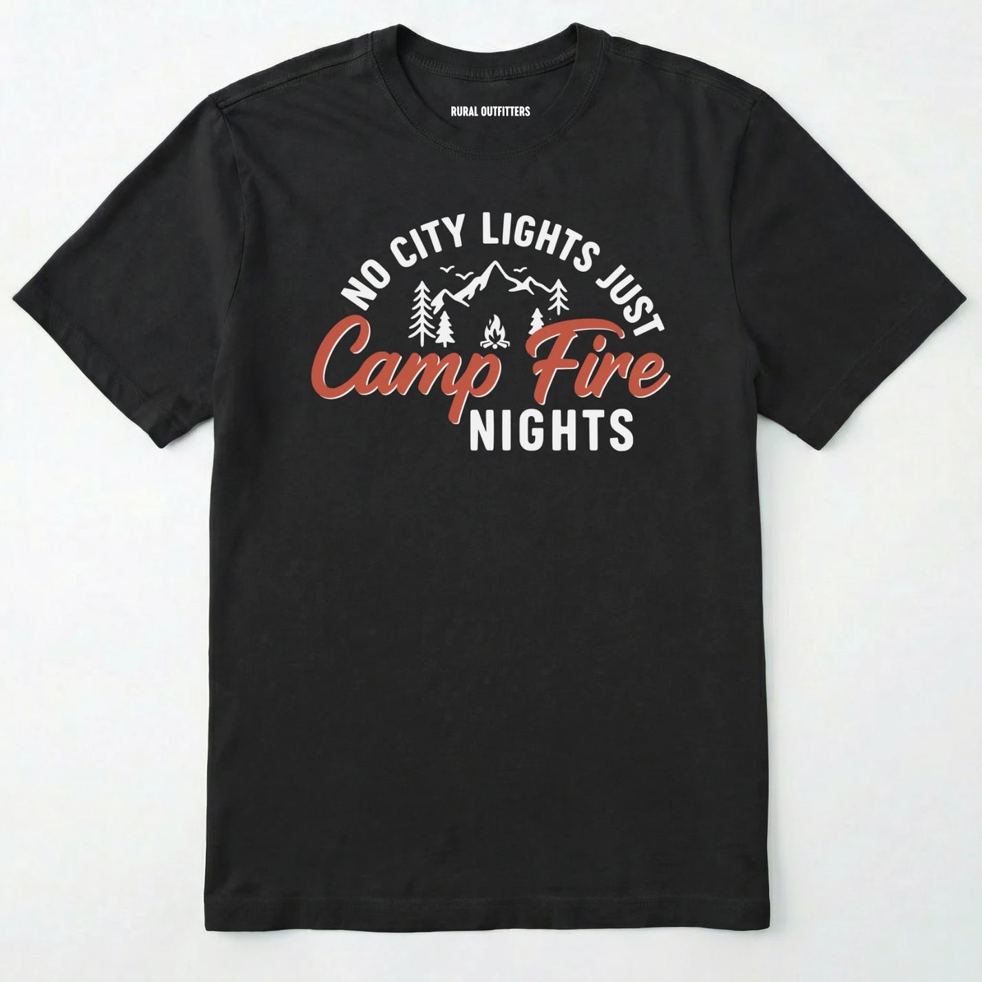 Black campfire shirt with mountains and trees design and "no city lights just campfire nights" text on a white background.