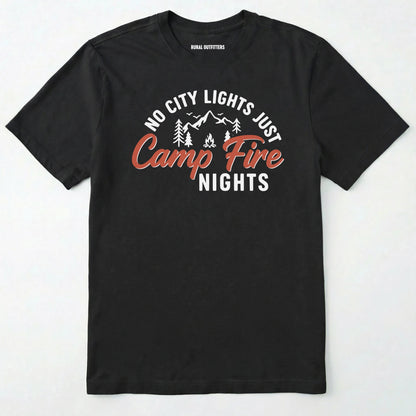 Black campfire shirt with mountains and trees design and "no city lights just campfire nights" text on a white background.