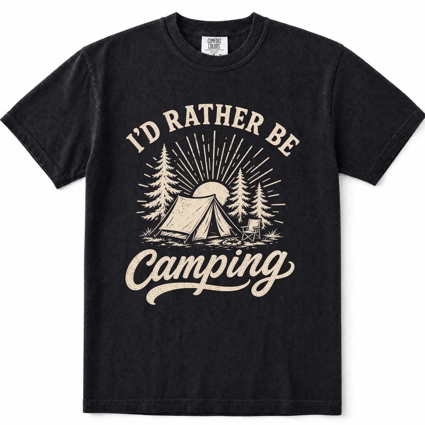 Black short-sleeve crewneck t-shirt with a vintage-style cream graphic on the front that reads 'I'D RATHER BE Camping' with an illustration of a tent, campfire, and pine trees.