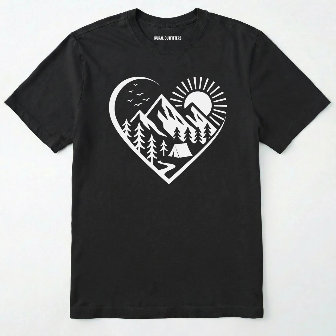 Black nature t-shirt featuring a heart graphic with mountains, trees, and tent illustration