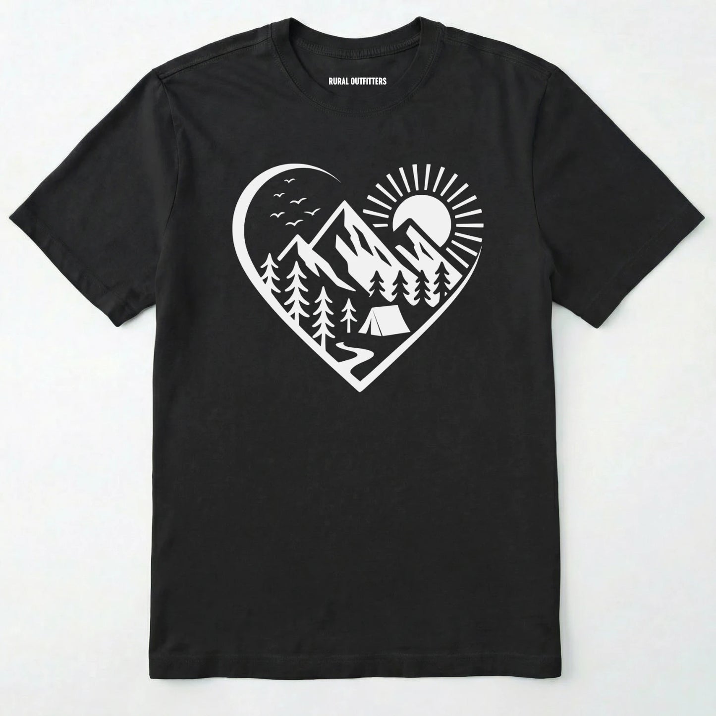 Black nature t-shirt featuring a heart graphic with mountains, trees, and tent illustration