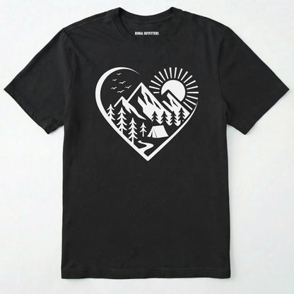 Black nature t-shirt featuring a heart graphic with mountains, trees, and tent illustration