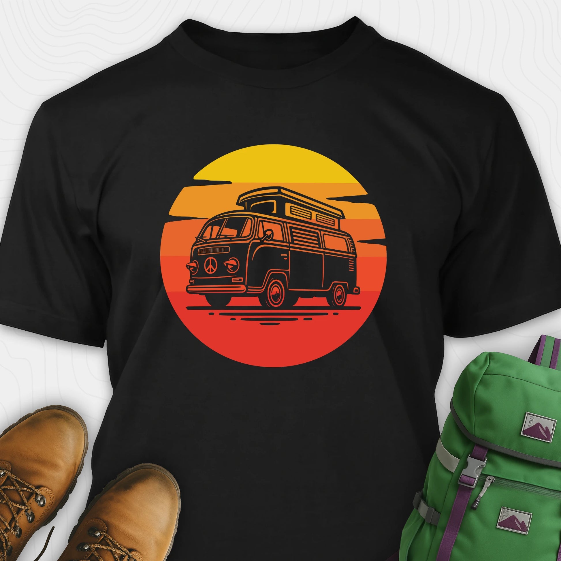 Black camper shirt featuring vintage rv design with a warm sunset