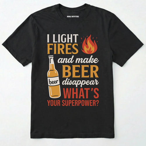 Black funny beer shirt featuring a fire and beer bottle graphic on a white background.