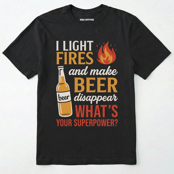 Black funny beer shirt featuring a fire and beer bottle graphic on a white background.
