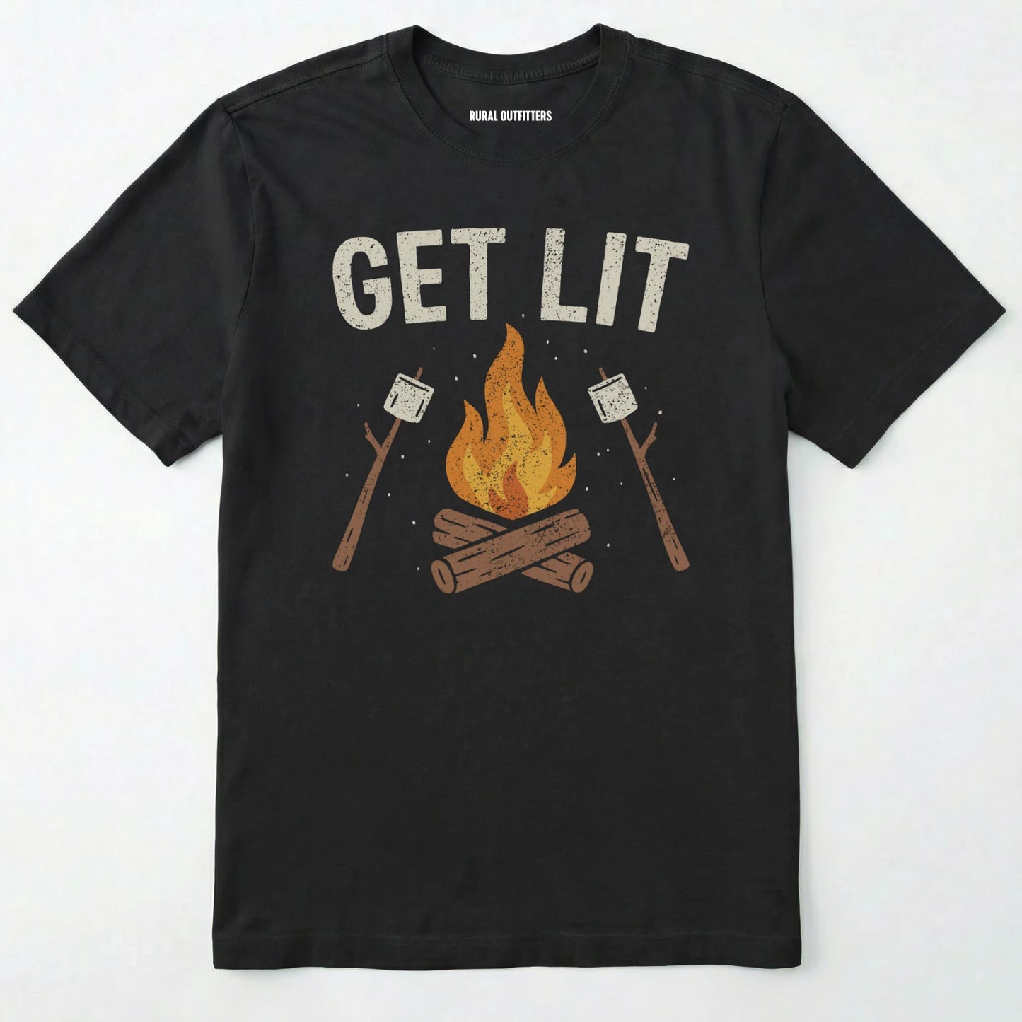 Black let⊙s get lit shirt with campfire and marshmallows graphic on a white background.