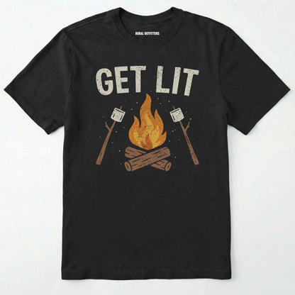 Black let⊙s get lit shirt with campfire and marshmallows graphic on a white background.