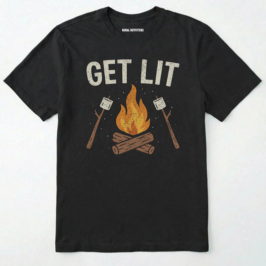 Black let⊙s get lit shirt with campfire and marshmallows graphic on a white background.