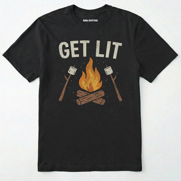 Black let⊙s get lit shirt with campfire and marshmallows graphic on a white background.