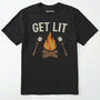 Black let⊙s get lit shirt with campfire and marshmallows graphic on a white background.