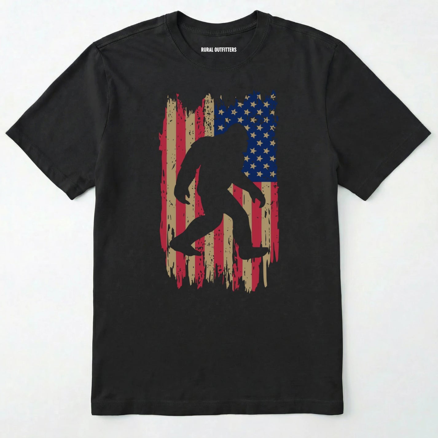 Black bigfoot american flag shirt featuring patriotic grunge background