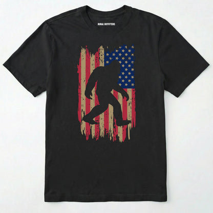 Black bigfoot american flag shirt featuring patriotic grunge background