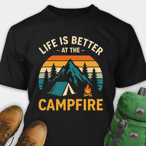 Black life is better around the campfire shirt with tent, campfire, sunset and retro mountain graphic design