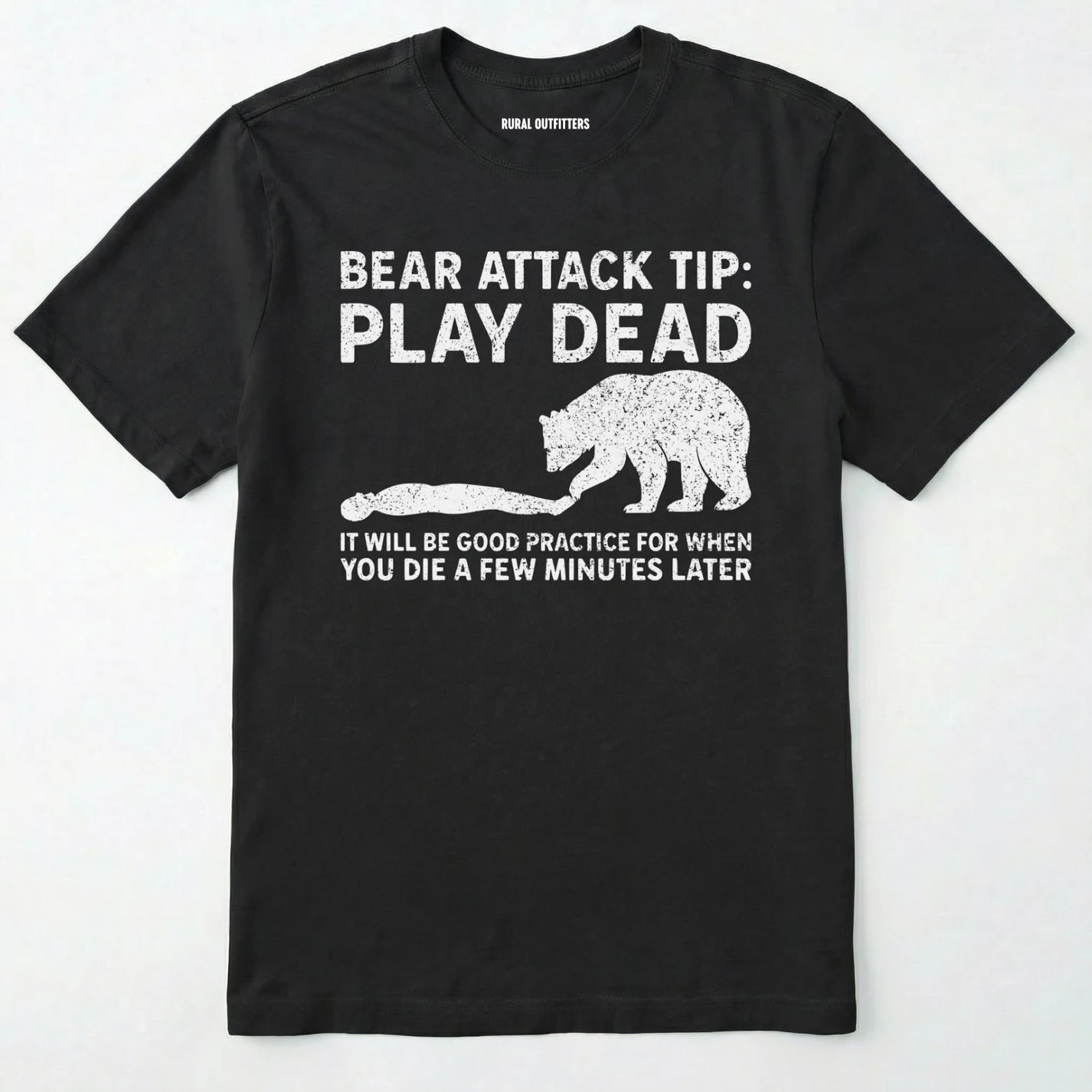 Black bear tee shirt with bear attack tip graphic and text on a white background.