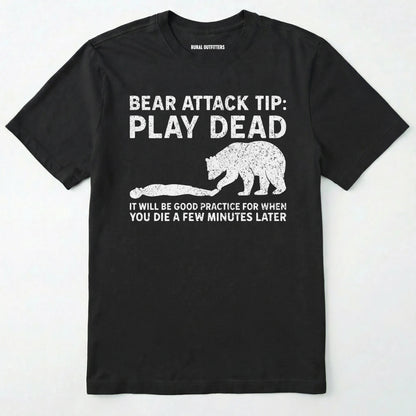 Black bear tee shirt with bear attack tip graphic and text on a white background.
