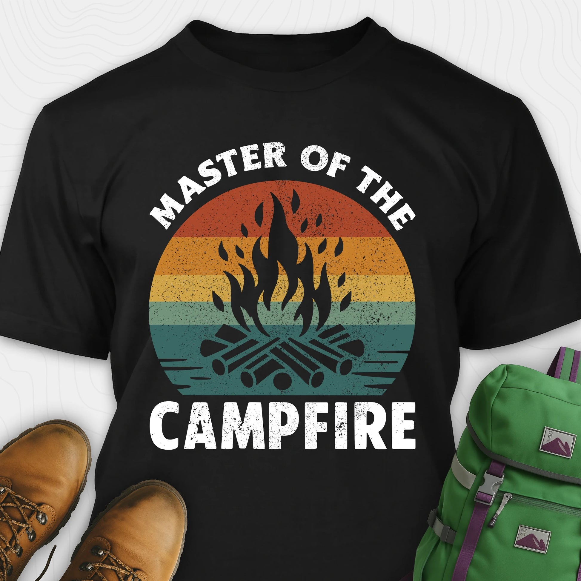Black master of the campfire t-shirt with retro sunset and flame graphic