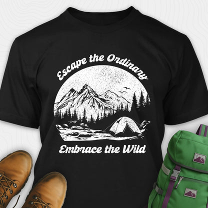 Black escape the ordinary t-shirt with mountain and tent graphic