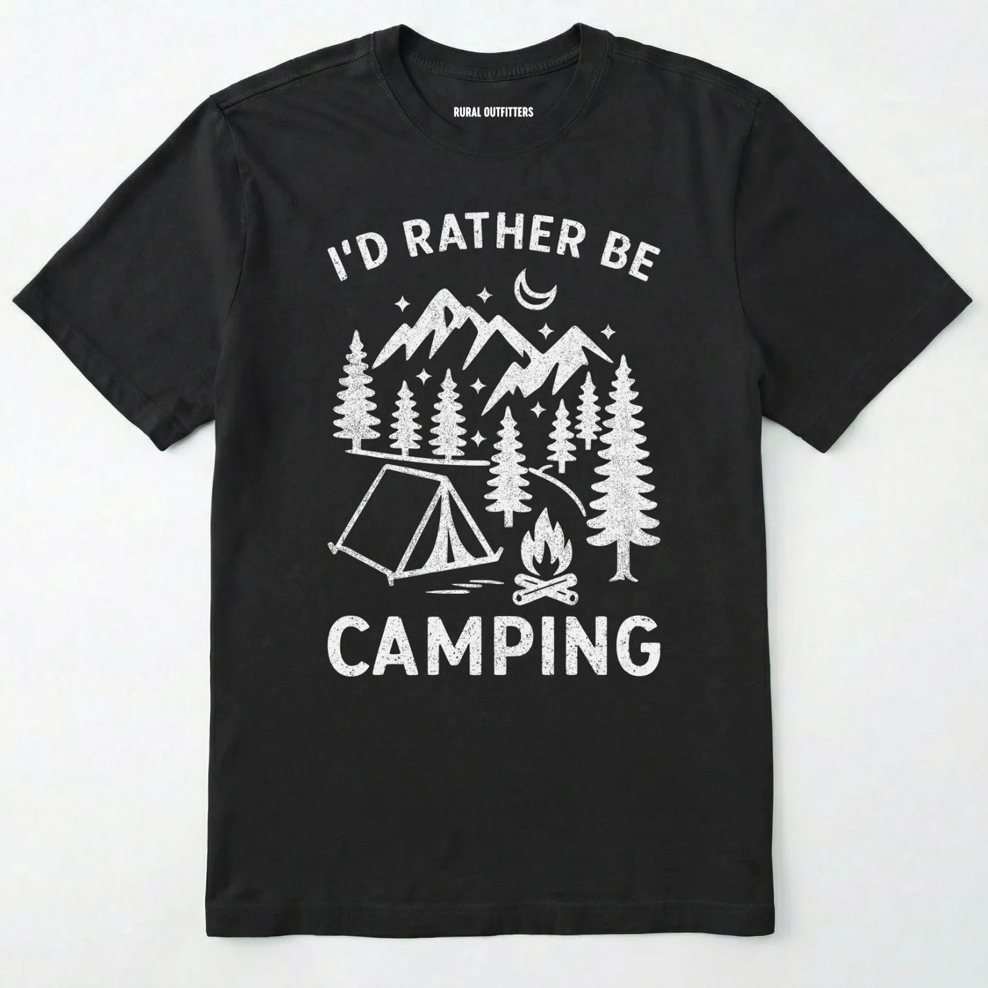 Black t-shirt with 'i'd rather be camping' text and camping graphic on a white background