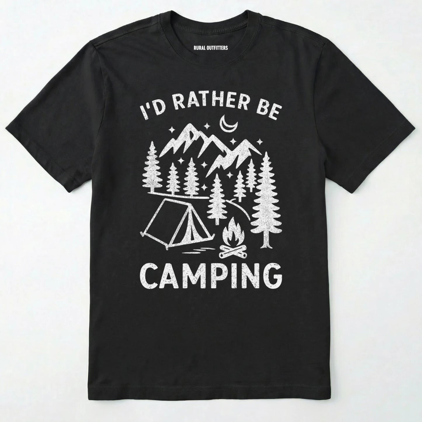 Black t-shirt with 'i'd rather be camping' text and camping graphic on a white background