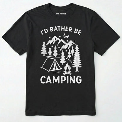 Black t-shirt with 'i'd rather be camping' text and camping graphic on a white background
