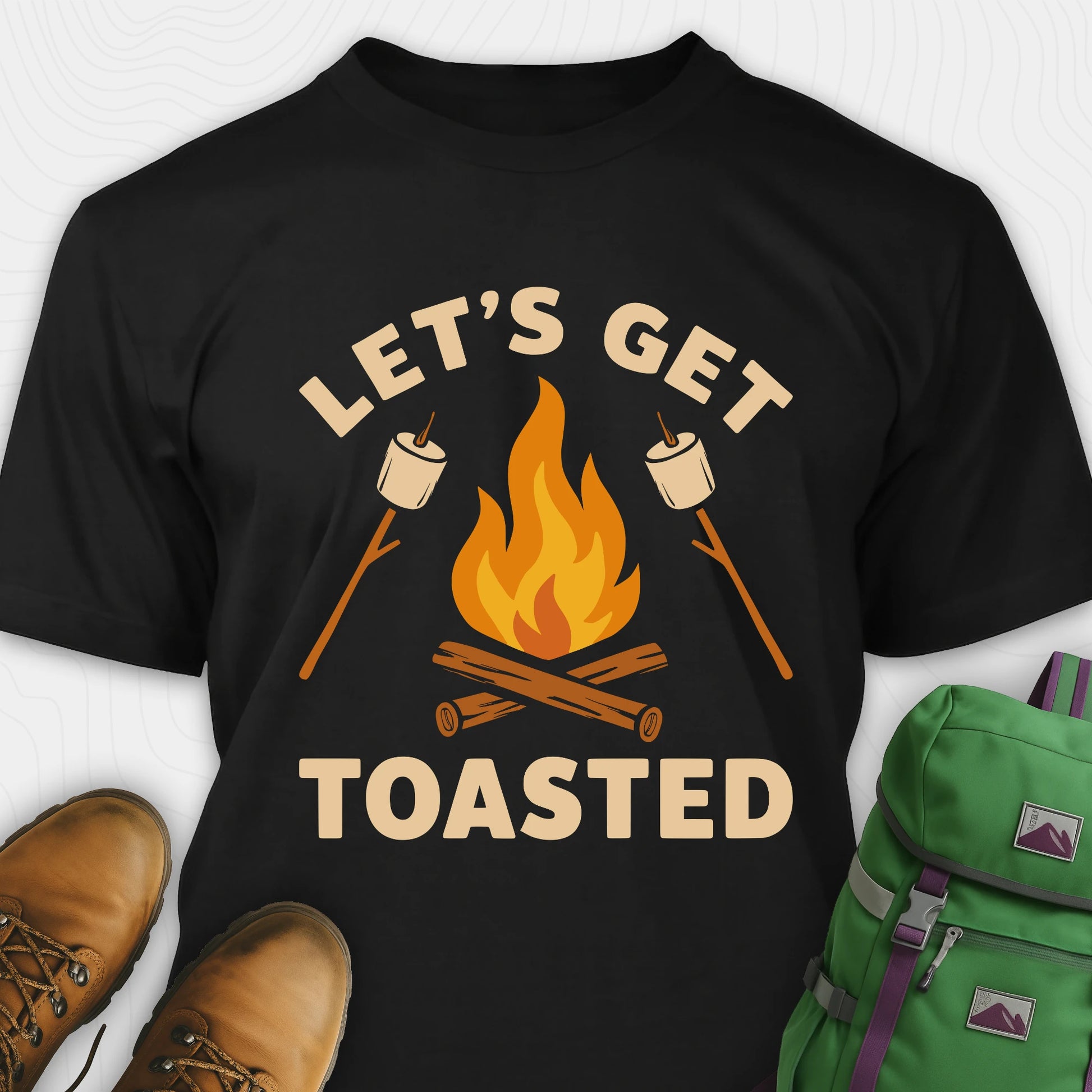 Black let’s get toasted shirt with campfire and roasting marshmallow graphic