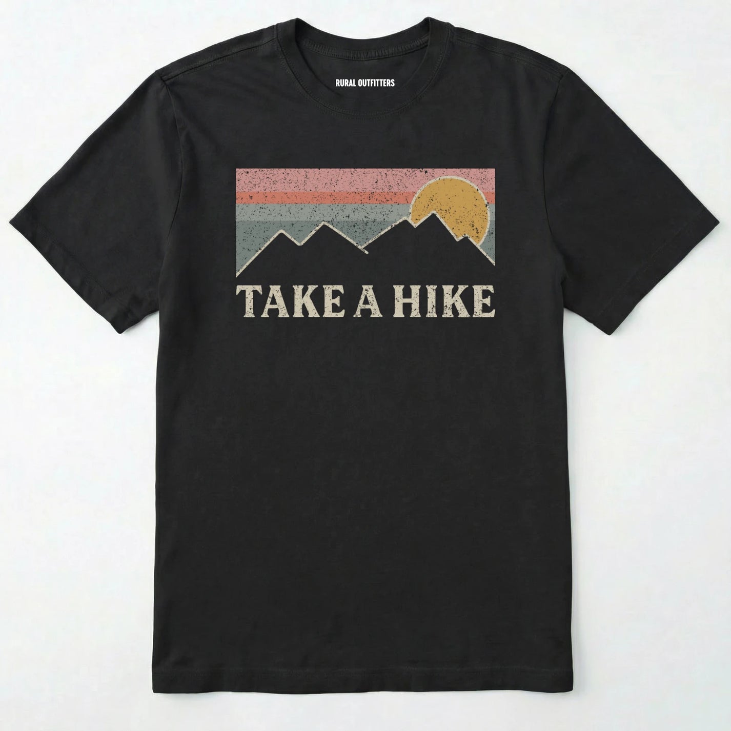 Black take a hike shirt with retro sunset and mountain graphic on a white background.