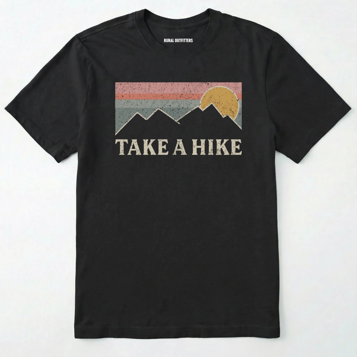 Black take a hike shirt with retro sunset and mountain graphic on a white background.
