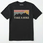 Black take a hike shirt with retro sunset and mountain graphic on a white background.