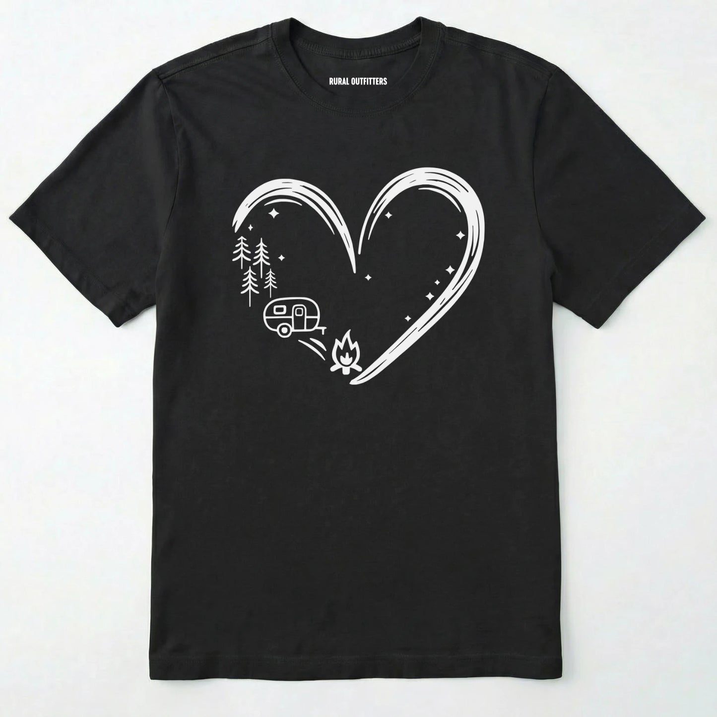 Black i love camping shirt with a heart-shaped mountain and camper design on a white background.