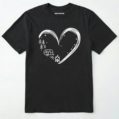 Black i love camping shirt with a heart-shaped mountain and camper design on a white background.