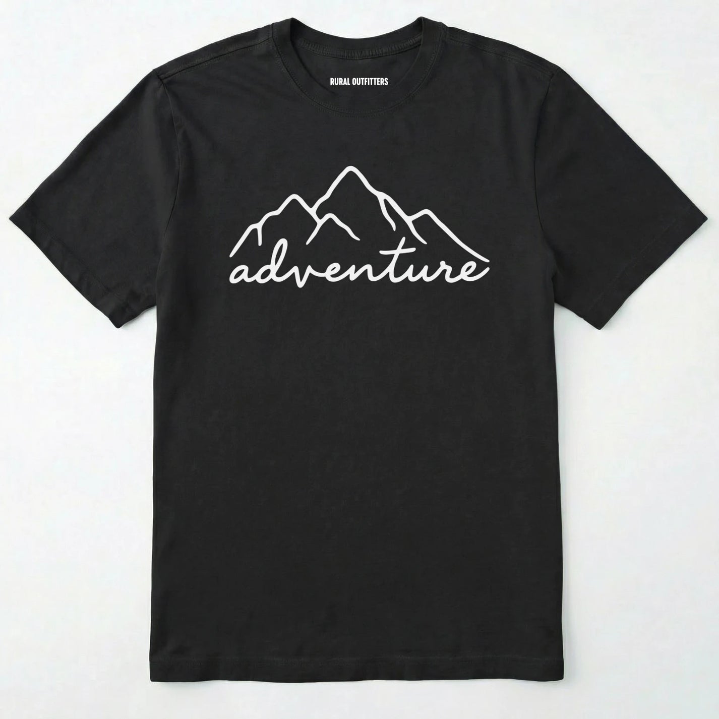 Black adventure shirt with mountain design and 'adventure' text on a white background.