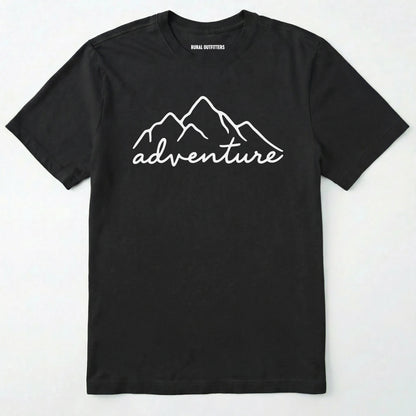 Black adventure shirt with mountain design and 'adventure' text on a white background.