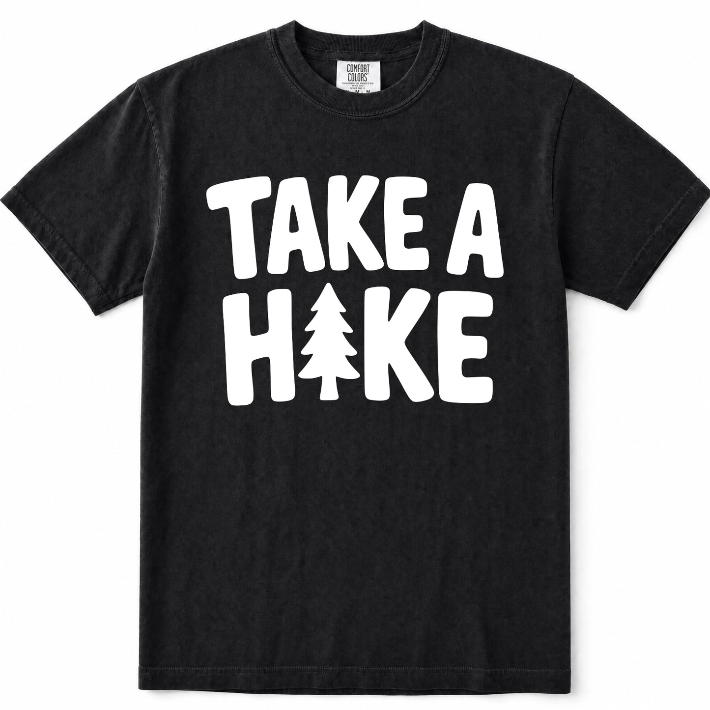 Black short-sleeve crewneck t-shirt with a white graphic print on the front that reads 'TAKE A HAKE' with a pine tree icon representing the letter 'I'.