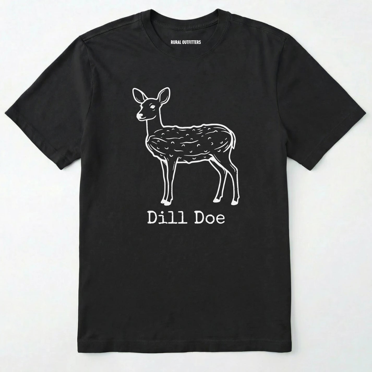 Black t-shirt with a white deer graphic and text 'dill doe' on a white background