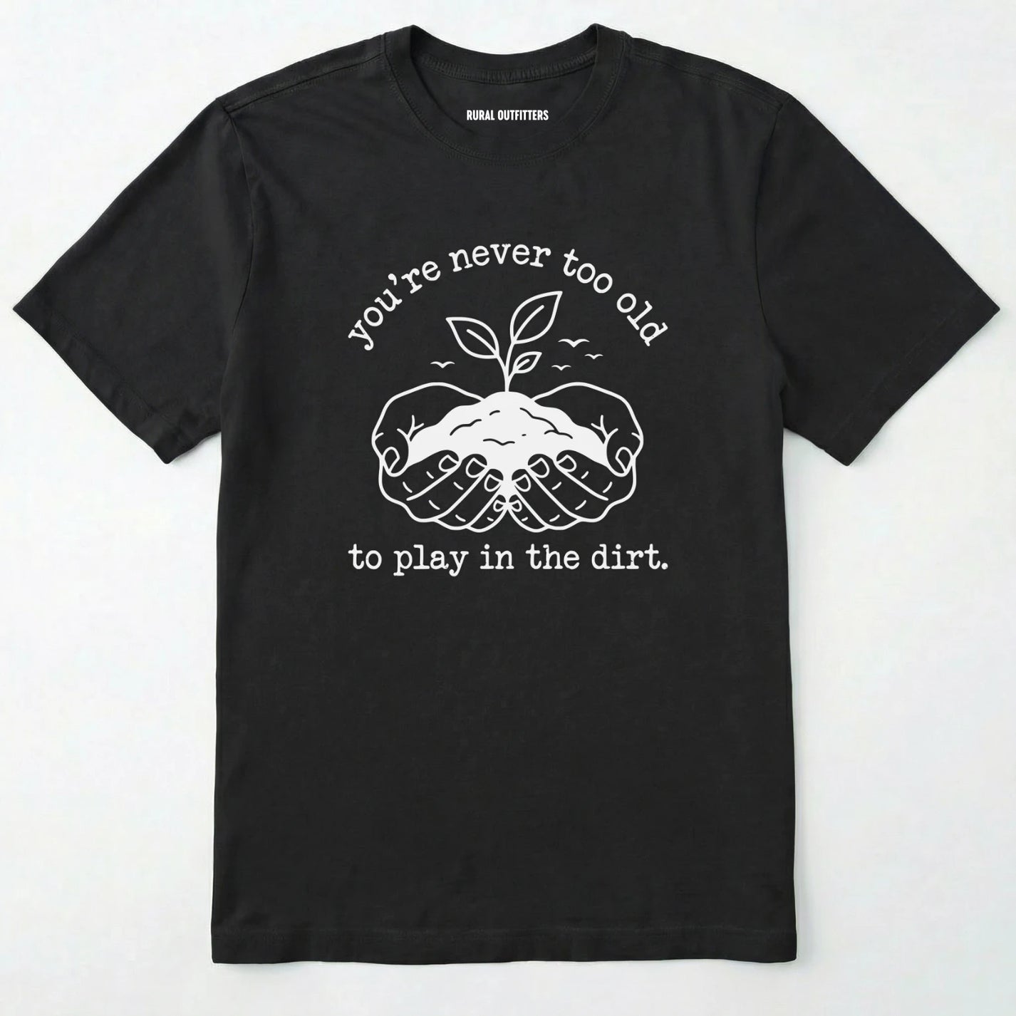 Black t-shirt with white graphic and text on a white background