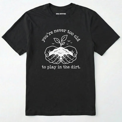 Black t-shirt with white graphic and text on a white background