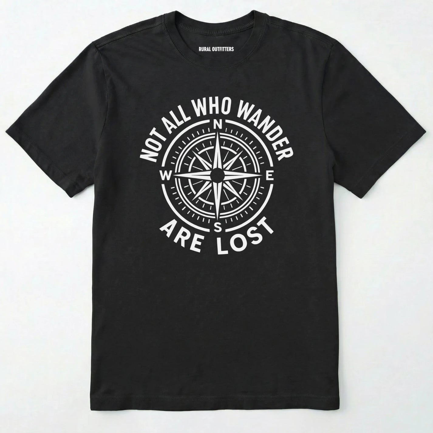 Black not all who wander are lost t-shirt with compass design and text on a white background.