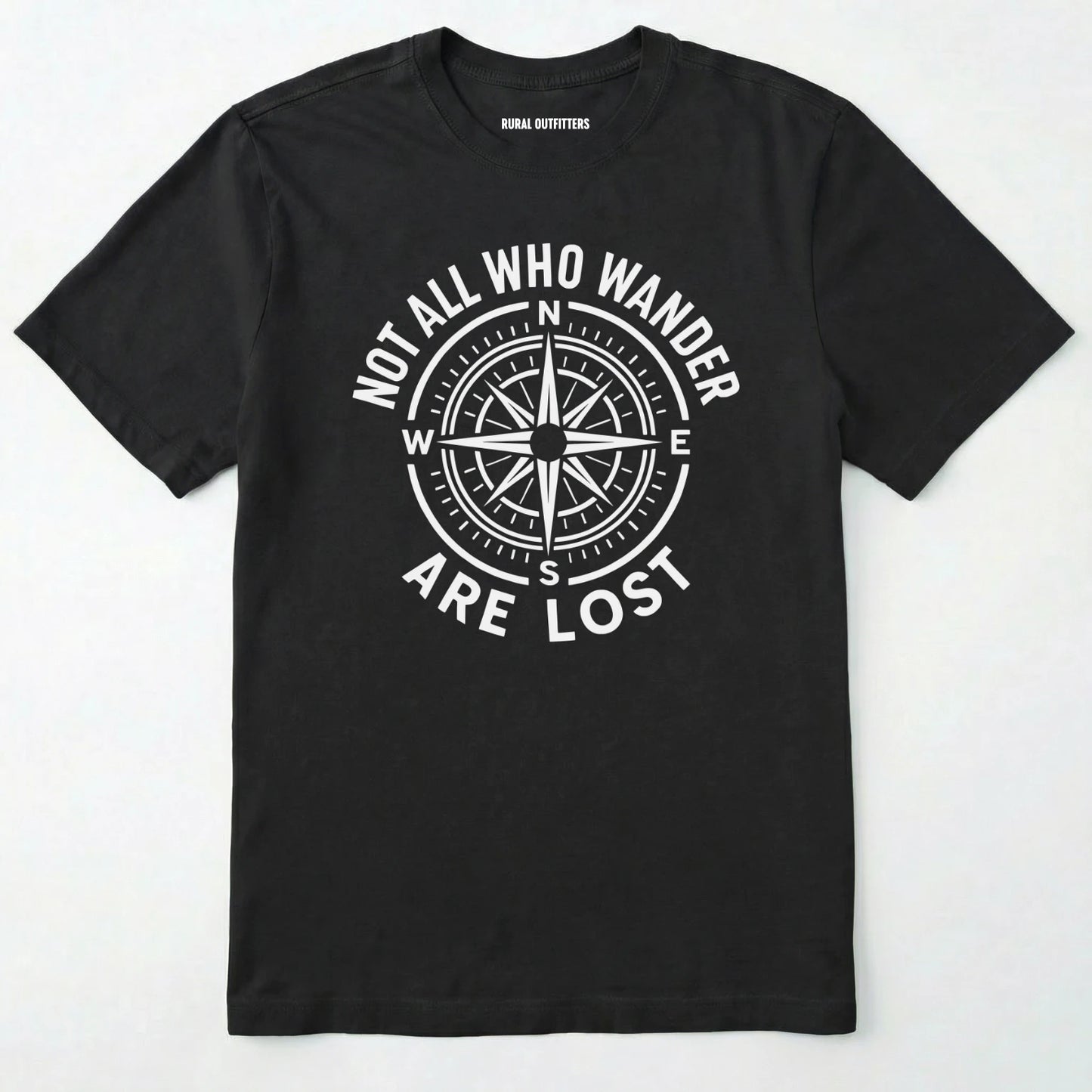 Black not all who wander are lost t-shirt with compass design and text on a white background.