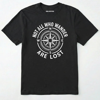 Black not all who wander are lost t-shirt with compass design and text on a white background.