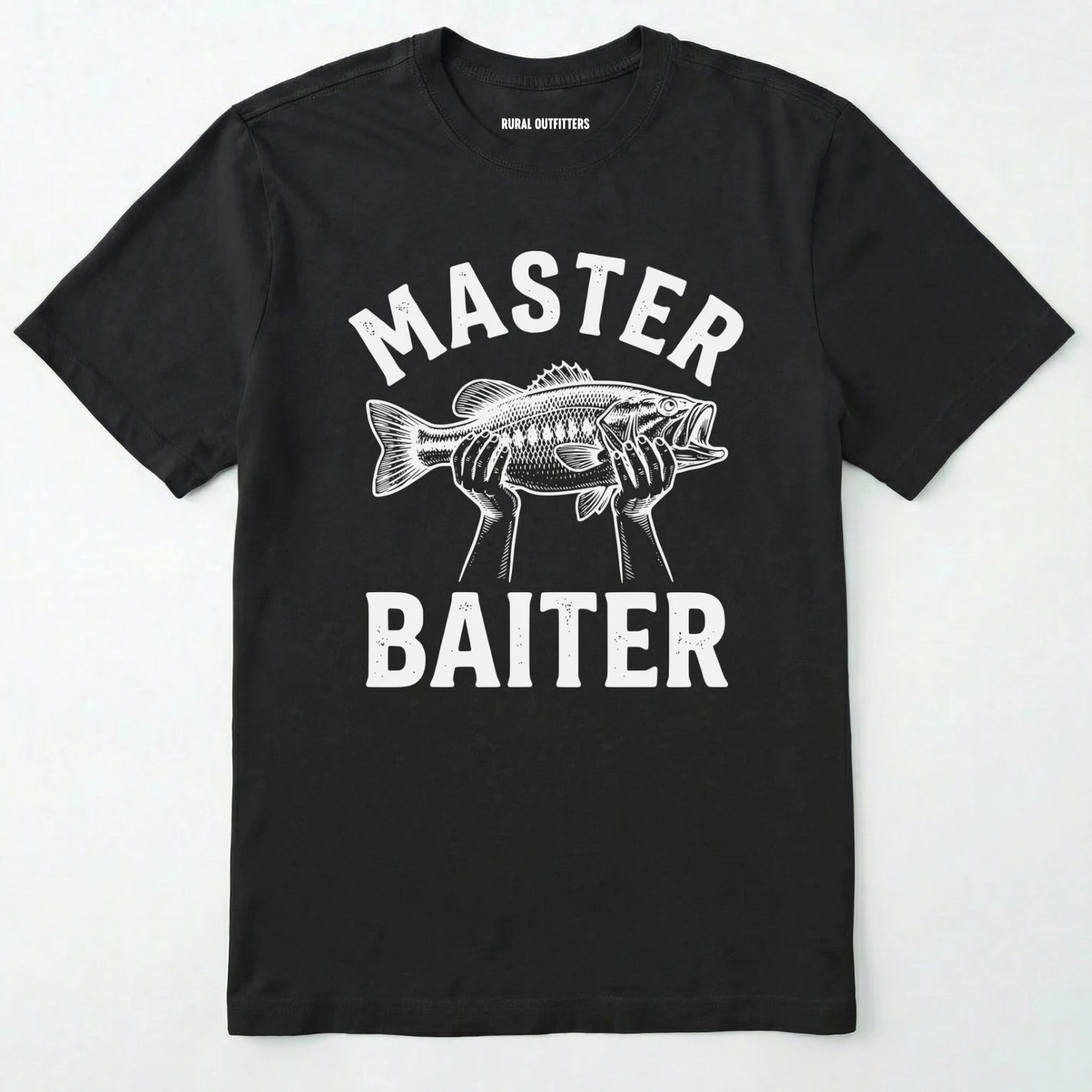 Black t-shirt with 'master baiter' graphic and fish design on a white background
