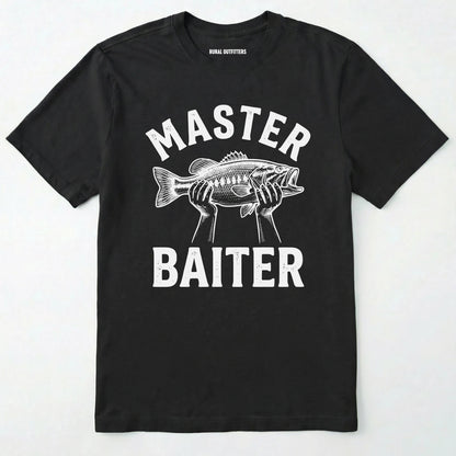 Black t-shirt with 'master baiter' graphic and fish design on a white background