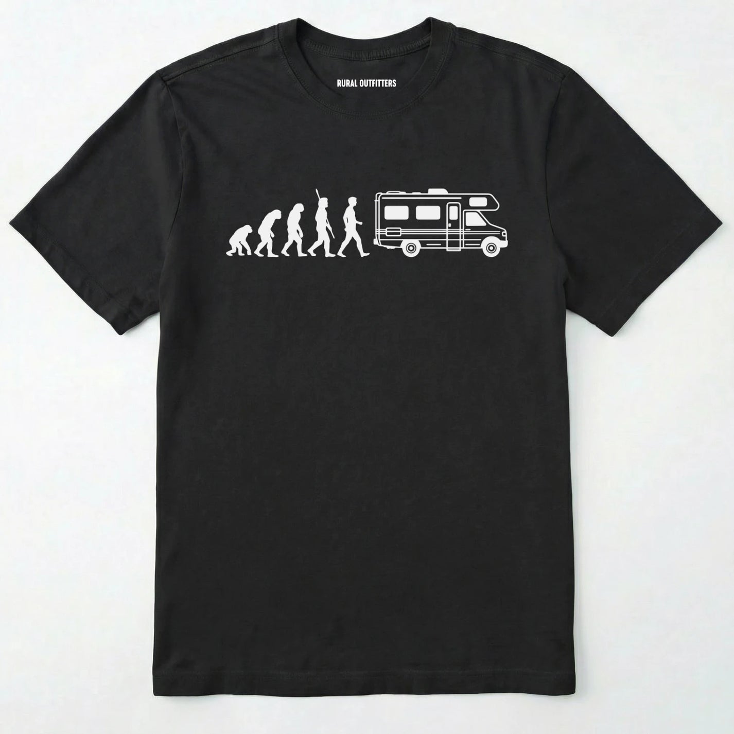 Black evolution shirt featuring a human to rv silhouette graphic on a white background.