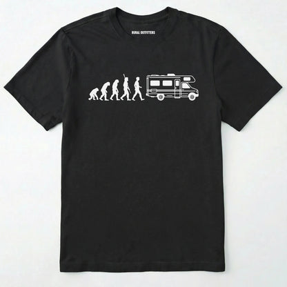 Black evolution shirt featuring a human to rv silhouette graphic on a white background.