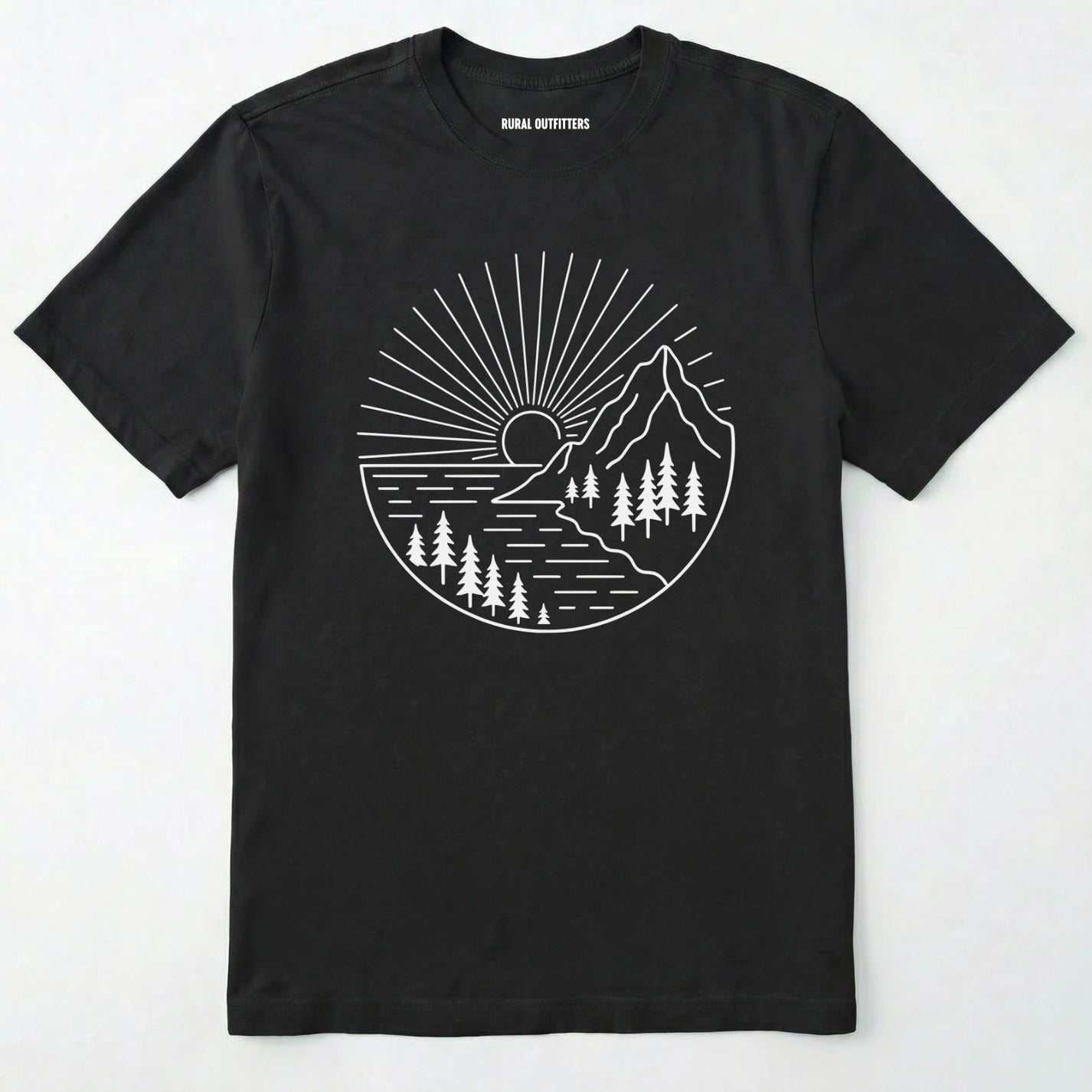 Black mountain t-shirt with a white line-art design of mountains, trees, and a sunrise on a white background.