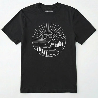 Black mountain t-shirt with a white line-art design of mountains, trees, and a sunrise on a white background.