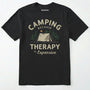 Black camping therapy shirt with a tent and pine trees design and "camping because therapy is expensive" text on a white background.