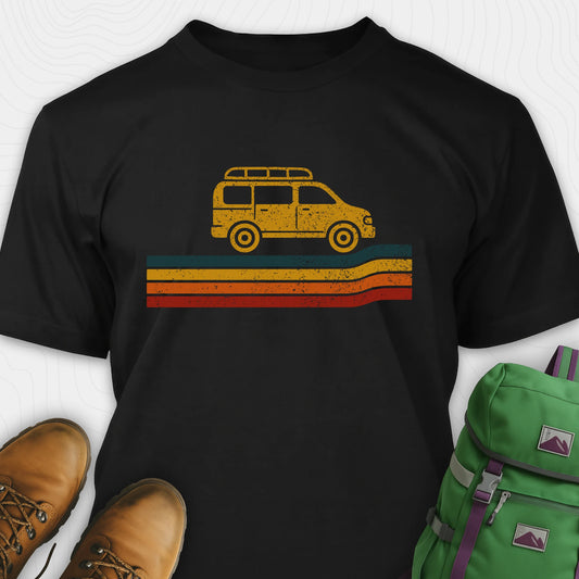 Black van life t-shirt with retro camper van graphic and vintage striped design
